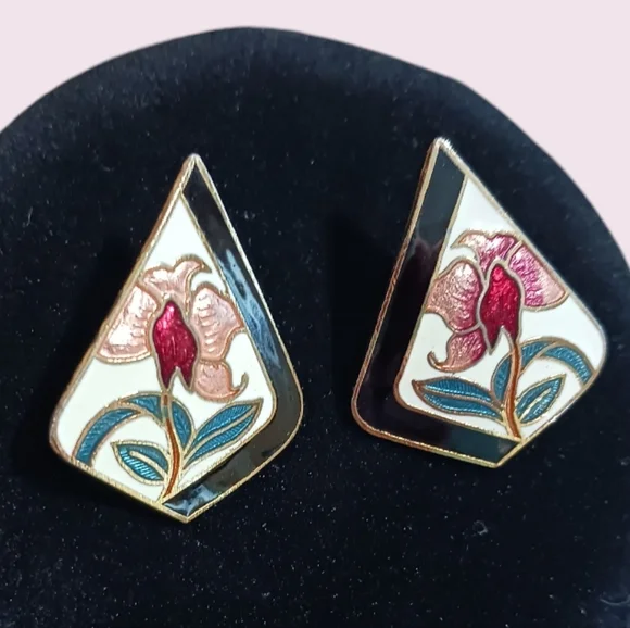 SOLD Vintage Cloisonne Floral Earrings by Sea Gems SG - Picture 3 of 11